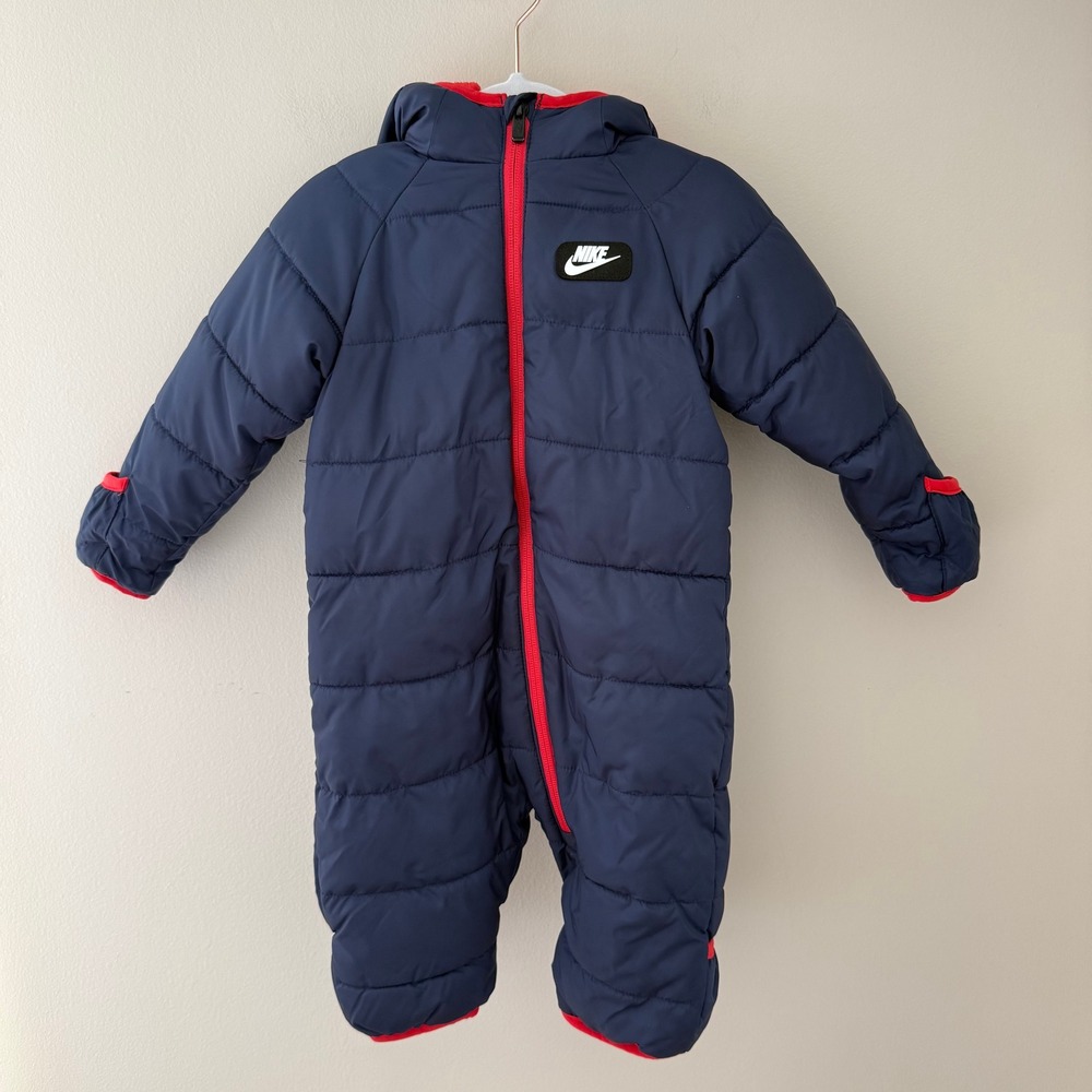 Nike Baby Puffer Snowsuit Navy Blue Red Fleece‎ Lined Bunting 9M 68-74cm